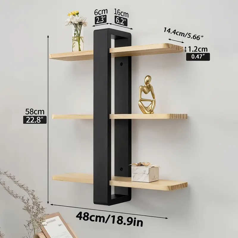 Étagères Flottantes à 3 Niveaux en Bois de Pin – Image 3