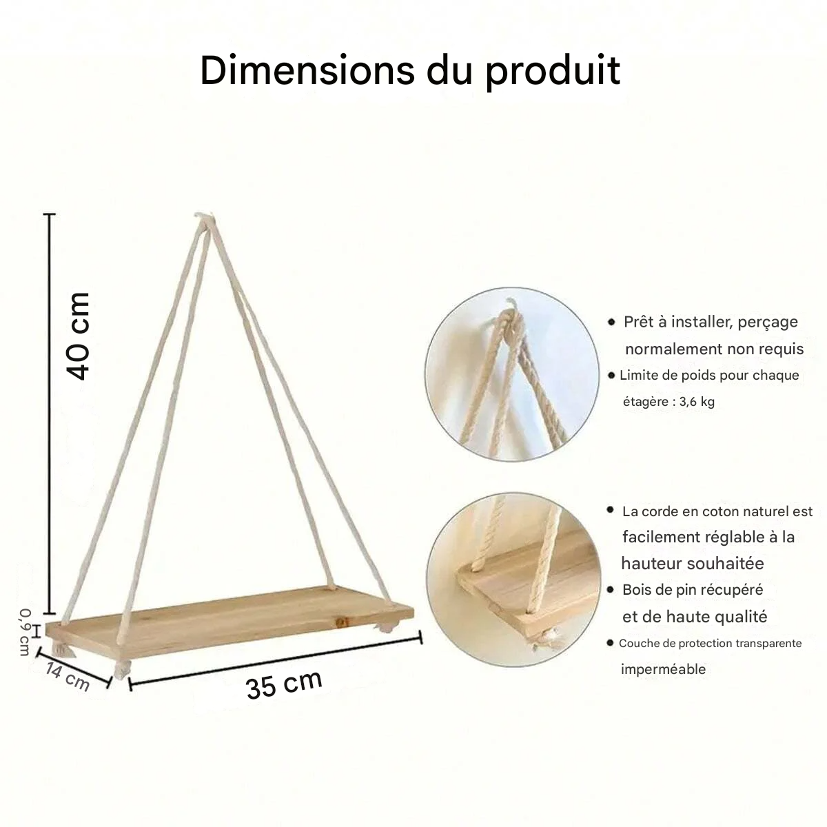 Étagère Murale Suspendue en Bois avec Corde de Chanvre | Oumadeco – Image 4